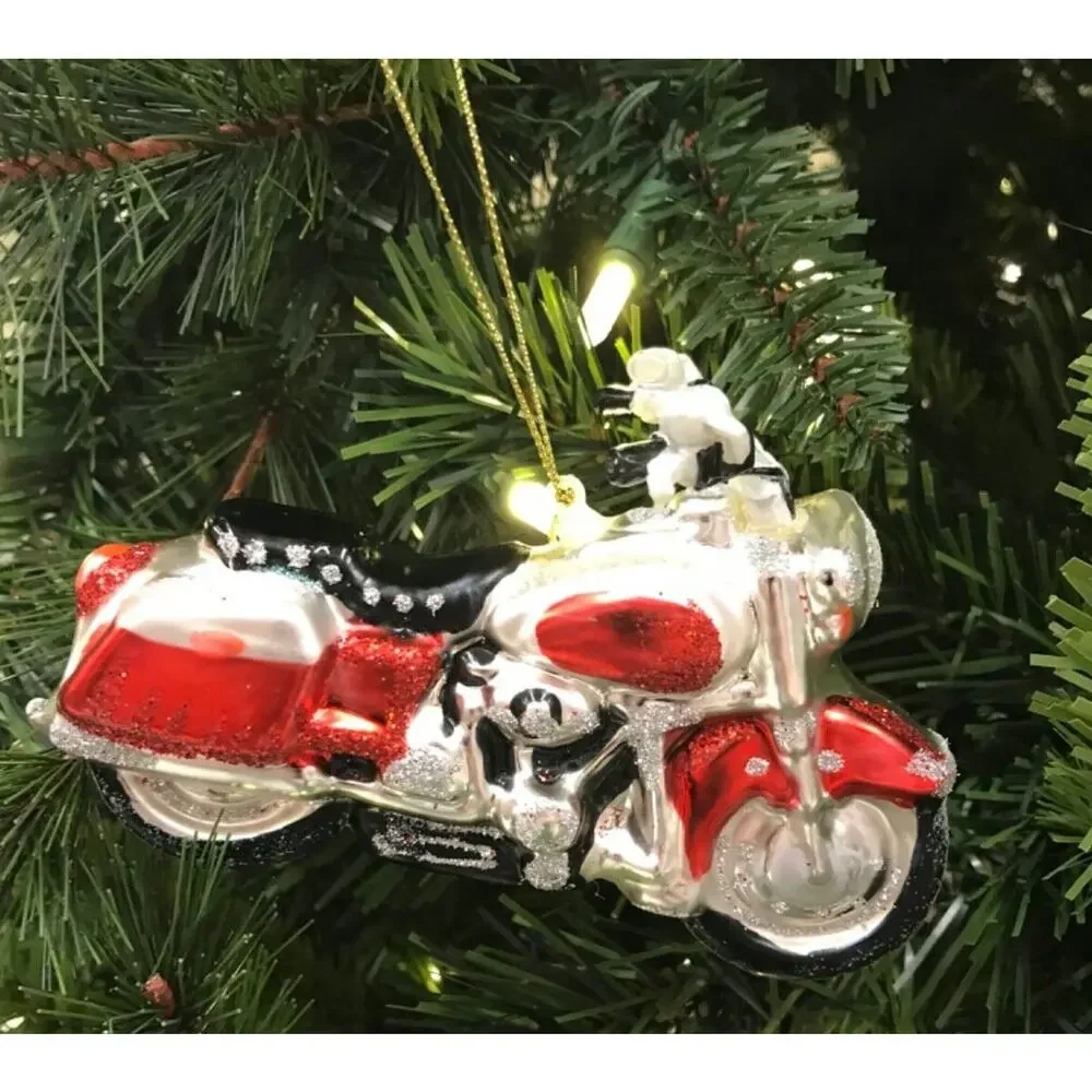 Motorcycle Ornament Glass Red Silver Christmas Tree‎ Biker Enthusiasts